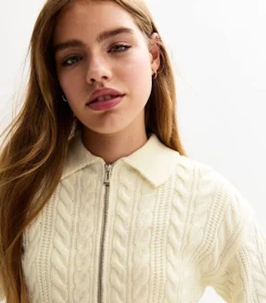 New Look Girls' Cable Knit Zip Through Cardigan