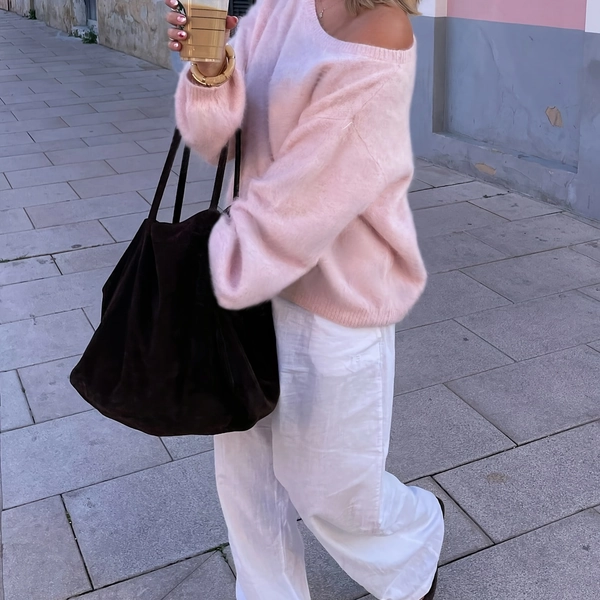 Women's Winter Sweater - Elegant Asymmetrical Collar & Ruffled Hem, High-Stretch Oversized White Blouse-like Top, Soft Pink Tunic (Pink-Beige) - Machine Washable Cozy Sweater for Fall/Winter Layering, Casual & Formal Wear