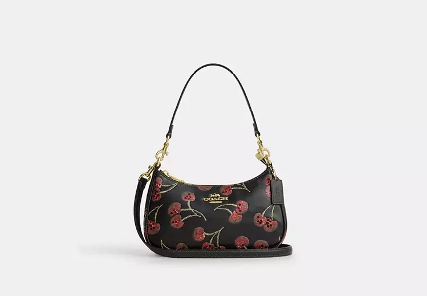 Gold/Black Multi Teri Shoulder Bag With Cherry Print