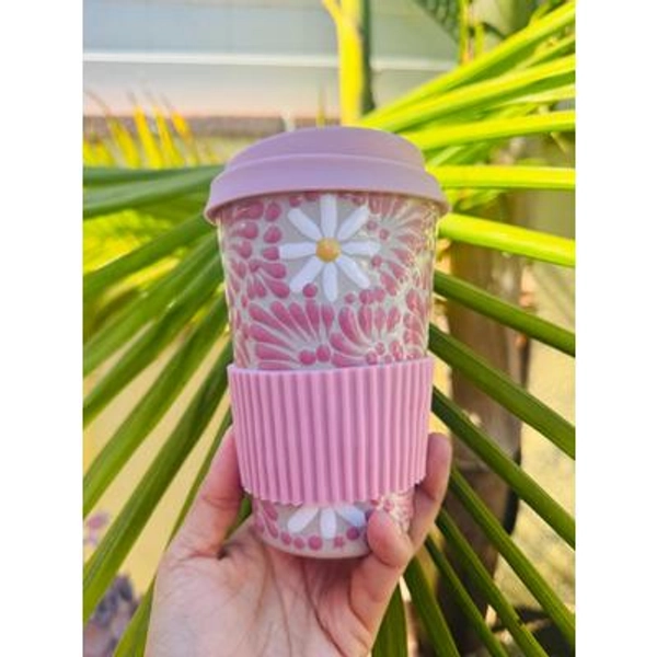 Talavera Tumbler with lid and holder, Hand Made Ceramic Travel Tumbler, Mexican Coffee Mug - Gift for Mom, Gift for Her, Coffee Lover Gift