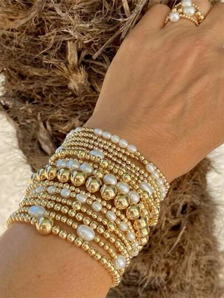 3/4/5/6/7/15pcs Set Of Stacked Gold Bracelets For Women And Girls, Mixed Bead Shaped Pearl Bracelet With Gold Plated Elastic Bead Ball Bracelet Set, Daily Surprise Gift Jewelry