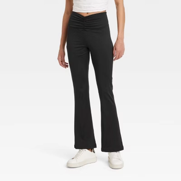 Women's High Waisted Flare Leggings with Ruched Waistband - A New Day™ Black S: Polyester-Spandex Blend, Wide Leg, Pull-On Style