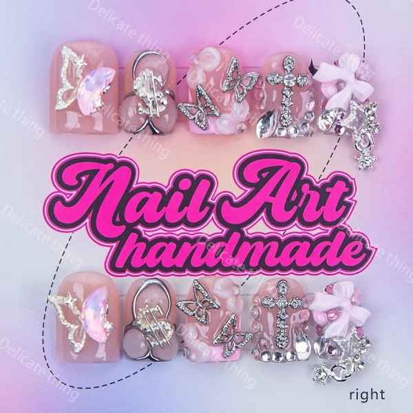 Delicatething Y2K Style Duckbill Square Nails, Handmade Press On Nail Art, 4 Sizes XS S M L, Moon Butterfly Knot Design, Nail Rhinestones, Perfect Gift for Girls, Nails Press Ons