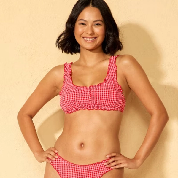 Women's Gingham Seersucker Ruffle Bralette Bikini Top - Wild Fable™ Red/Pink M