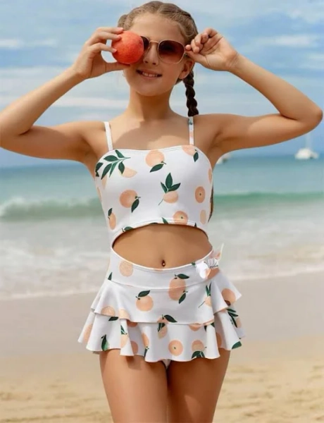 Tween Girl Ruffled Fruit Print Swimsuit