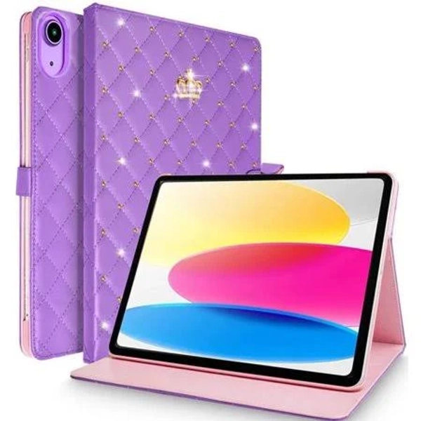 for iPad (a16) 11th Generation 11 inch 2025/iPad 10th Generation 10.9" 2022 Case, Girl Crown Rhinestone Cute PU Leather Auto Sleep/Wake Stand