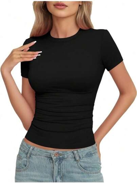Womens Basic Short Sleeve Crew Neck T Shirt Slim Fit Tees Summer Y2k Going Out Fitted Top Cute Tight Shirts