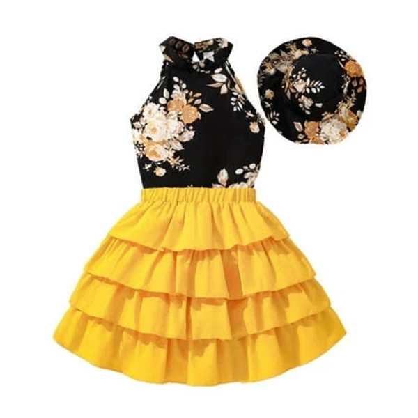 Children'S Utlike Girls Outfits Summer Short Sleeved Top Cake Skirt And Hat Three Piece Set