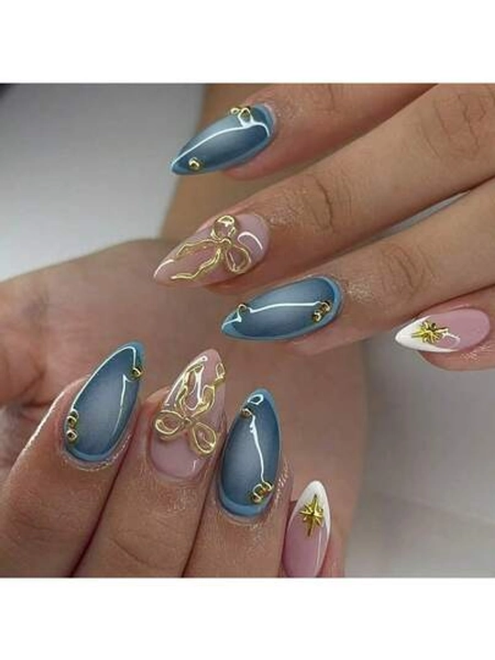 24Pcs Long Almond 3D Gelnails Makes Bow With Faux Pearls Design French Tip Press On Nails Almonds Fit Perfectly Acrylic False Nails Set,Include: 1Pc Jelly Glue And 1Pc Nail File, For Woman & Girl For Daily Wear And Party Use Nail Supplies Nails
