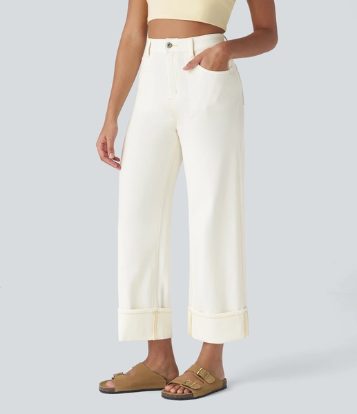 Halara Flex™ High Waisted Pockets Rolled Hem Wide Leg Washed Casual Jeans