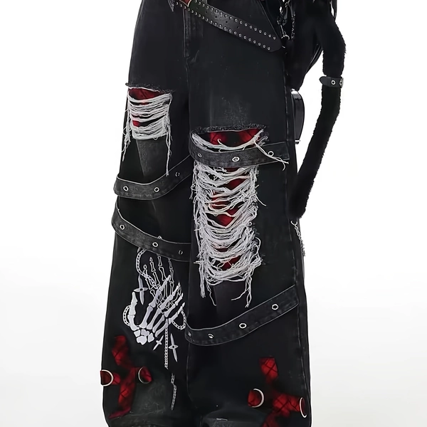 Y2K Ripped Black Jeans for Men, Designer Loose Wide-Leg Straight-Leg Pants