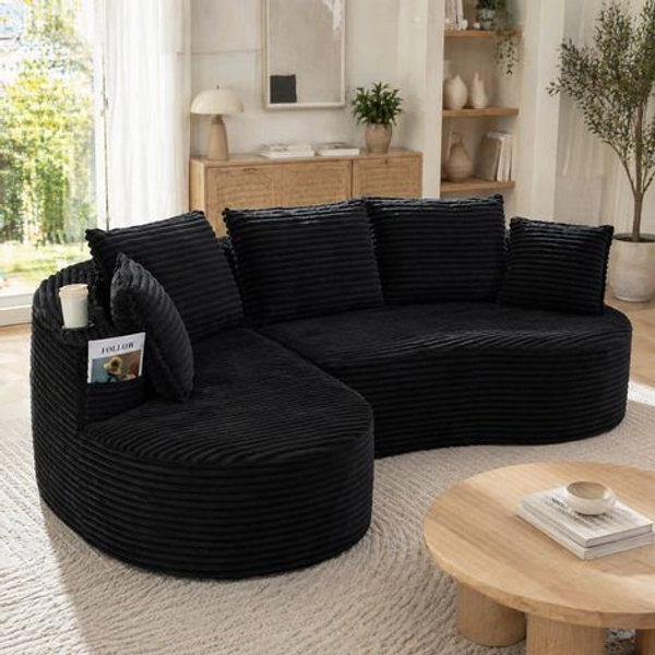 Canapé 3 places incurvé 250x152x82 cm, avec porte-gobelet, poche de rangement, coussins et mousse dense, velours côtelé, Noir