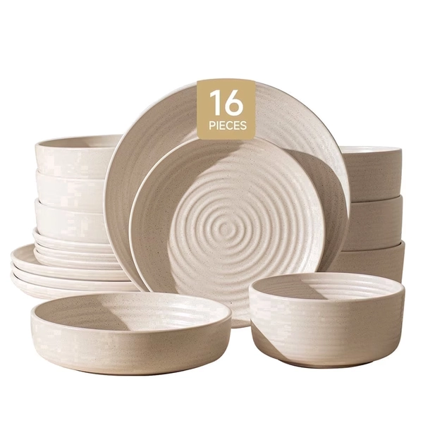 KINGSTONE 16-Piece Stoneware Plates and Bowls Sets for 4, Dinnerware Set for New Apartment Essentials, Microwave & Dishwasher Safe, Speckled White - Walmart.com