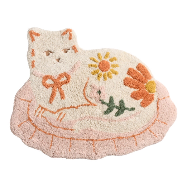 Pink and Ivory Floral Lady Cat Shaped Tufted Bath Mat