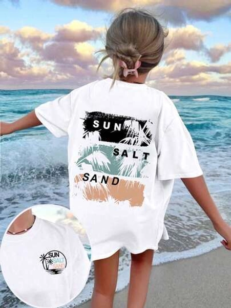 Tween Girl Palm Tree Print Crew Neck Short Sleeve T-Shirt, Summer Top