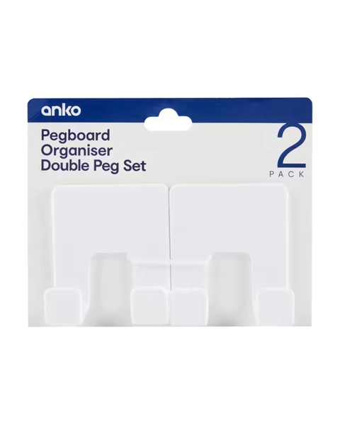 2 Pack Pegboard Organiser Double Peg Set - White - One Size