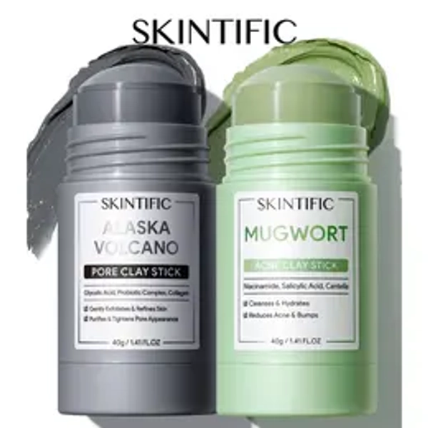 SKINTIFIC Clay Stick 2PCS Combo – Mugwort Clarifying / Volcano Detox / Bright Boost Even Tone Deep Pore Cleansing Oil Control Non-Stripping