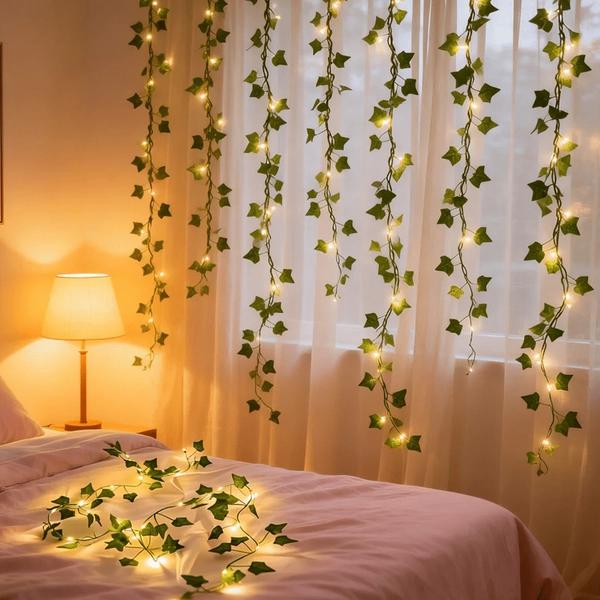 1pc, Artificial Ivy Leaves LED String Lights, 30 LED Vine Twigs and 3m/9.8ft Battery Box LED Lights, Realistic Artificial Vine for Bedroom Decoration, Indoor Use, Battery Powered (Battery Not Included), Suitable for Thanksgiving, Halloween, Christmas