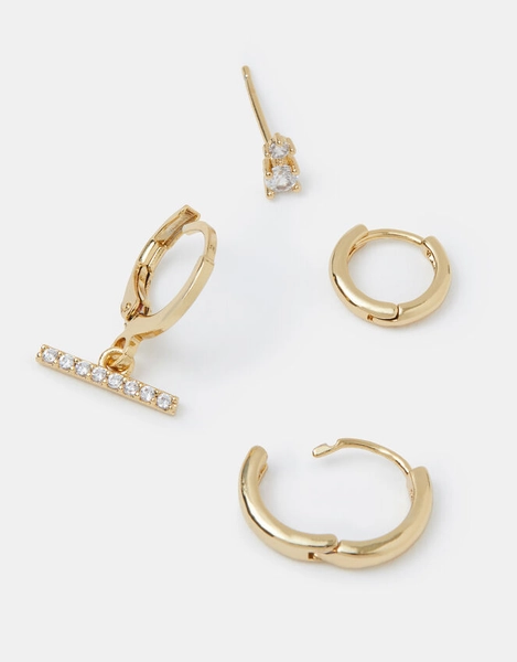 4-Pack 14ct Gold-Plated Stud & T-Bar Hoop Earrings