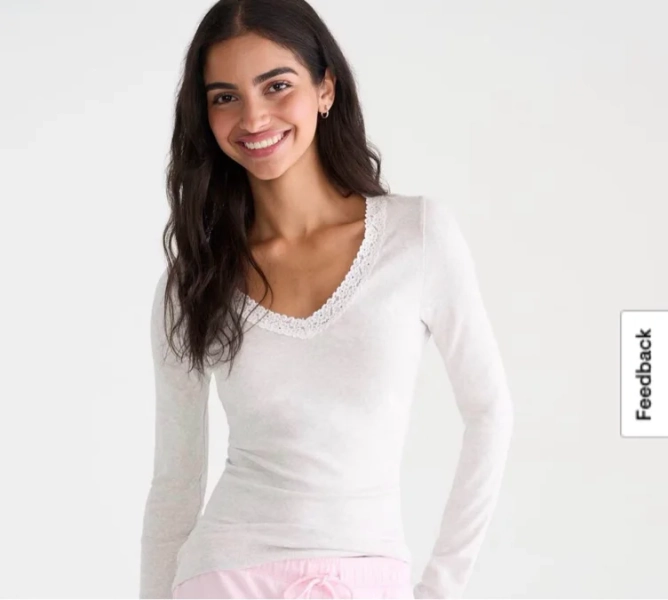 Long Sleeve Seriously Soft Lace-Trim V-Neck Tee