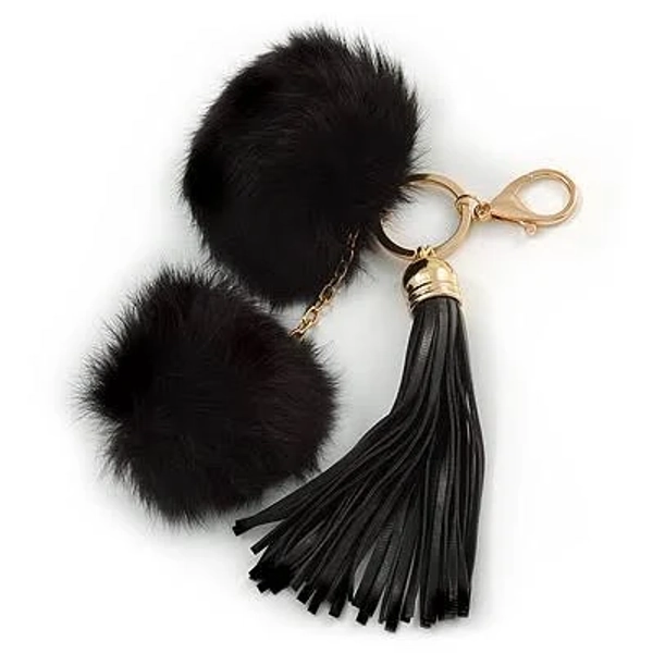 Faux Fur Pompom and Leather Tassel Key