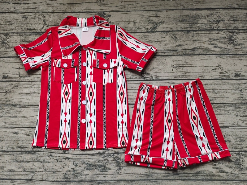 Western Red Stripe Silk Short Sleeves Pajama Set