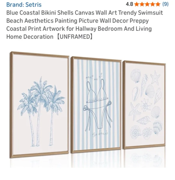 Blue Coastal Bikini Shells Canvas Wall Art Trendy Swimsuit Beach Aesthetics Painting Picture Wall Decor Preppy Coastal Print Artwork for Hallway Bedroom And Living Home Decoration