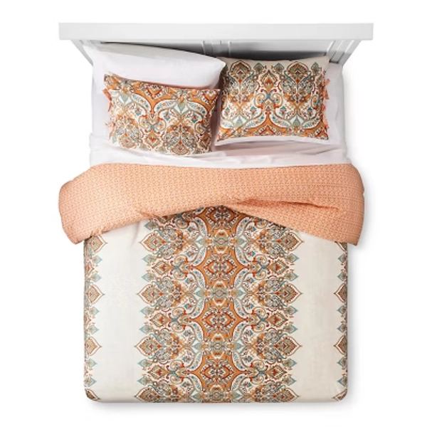 3pc Full/Queen Anya Reversible Duvet Cover and Sham Set Orange - Mudhut: 200 Thread Count, Cotton, Button Closure