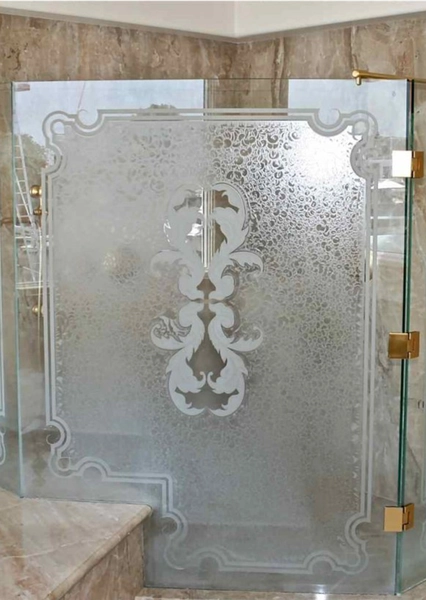 Frosted Glass Shower Enclosure - Florence Flourish Design - 0" x 0" - Handcrafted Glass Art - ANY SIZE - MADE IN THE USA