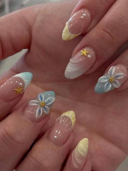 24 Pieces Of Short Almond-Shaped Nail Stickers In Fashionable Yellow And Blue French Flower Water Ripple Beauty Nails Wearable Nail Set (With: One Piece Of Jelly Glue And One File Strip) Suitable For Women'S Daily Dates And Parties Press On Nails Nail Supplies Nails