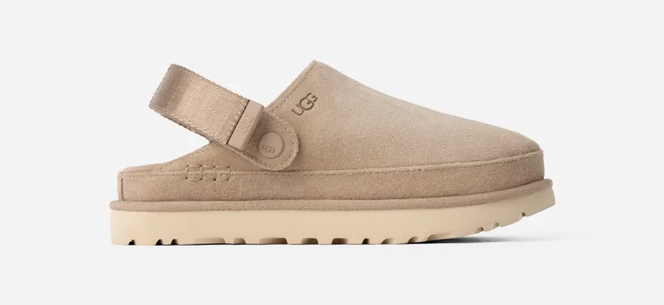 UGG® Women's Goldenstar Clog Suede Shoes in Sand, Size 5.5