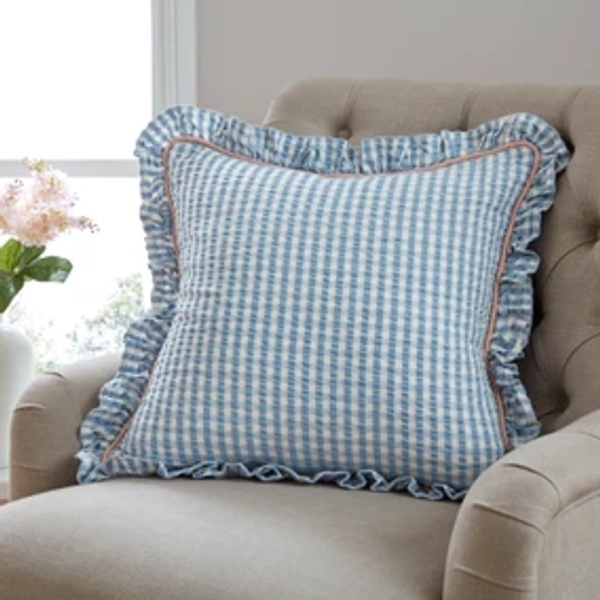 Seersucker Gingham Frill Cotton Square Cushion
