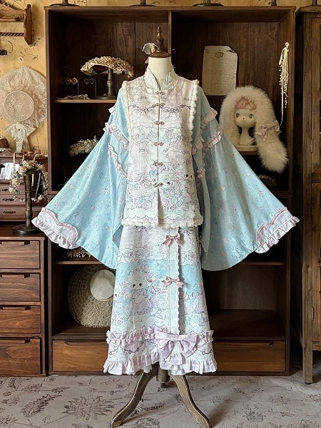 [£23.90]Han Lolita Lamb Print Vest with Frog Button Placket