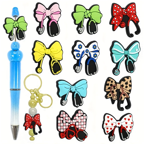 A Set of 10 Soft Plastic Beads Featuring a Bowknot Design, Including Stethoscope-Shaped Focal Pen Beads, Perfect for Jewelry Projects Like Bracelets, Necklaces, Creative Keychains, And Chains. These Handmade Craft Supplies Make Great Party Gifts