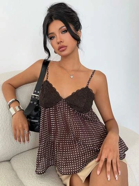 Women's Elegant Lace Patchwork Polka Dot Cami Top, Summer