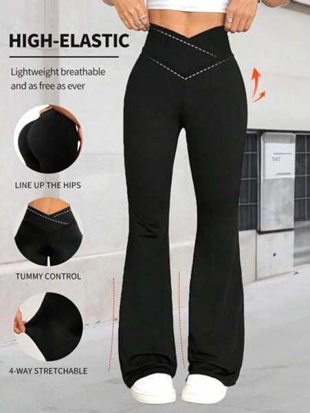 [Super Soft] Criss-Cross Stretch Flare Pants, Minimalist High Waist Commute & Yoga Pants, Sexy Casual Sports Leggings, Butt Lifting Design Flared Pants, Ladies Sports Wear, Knit Fabric, Elastic & Comfortable, Suitable For Daily Wear And Workout