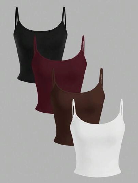 SHEIN EZwear 4pcs Women's Cropped Tight Fit Casual Tank Tops, Suitable For Summer