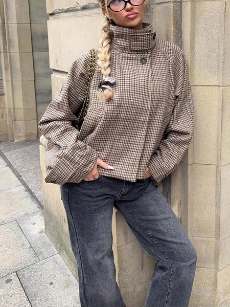 Women's Plaid High Collar Jacket, Elegant Button Front Casual Loose Fit Outerwear Suitable For Autumn Spring