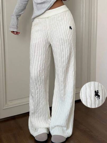 CovetEZ Fall Women Clothes Old Money Autumn  Sweaters Pant Women's Solid Color Cable Knit Casual Loose Sweater Pants White Wide Leg Pants Cable Knit Pants Wide Leg Knit Pants