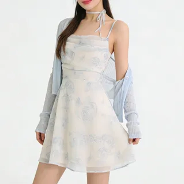 Spaghetti Strap Floral Mini A-Line Dress / Cardigan