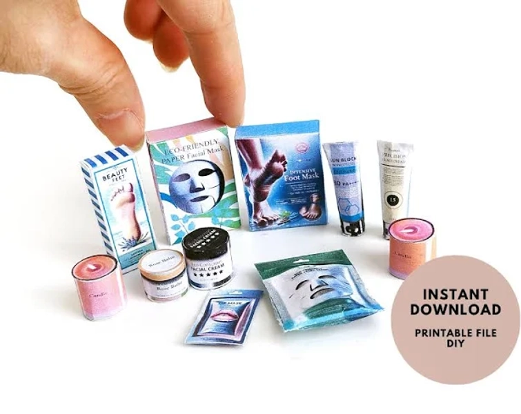 11 items Skincare miniatures for dollhouse 1:6 miniature play, facial masks, lip mask, foot mask, hand cream, sunblock and candles