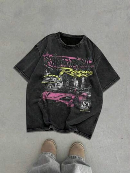 Speed Racing Graphic Tee, Streetwear Retro Washed Printed Short Sleeve T-Shirt, School