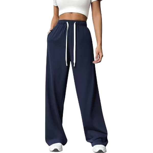 Pinspark Wide Leg Sweat Pants for Women's High Waisted Baggy Sweatpants Casual Drawstring Workout Pants with Pockets-Navy-m