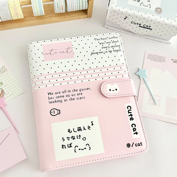A5 Polka Dot Kitten Notebook, Instagram Style, Durable PU Leather, Loose-leaf Notebook, Student Notebook, Diary.