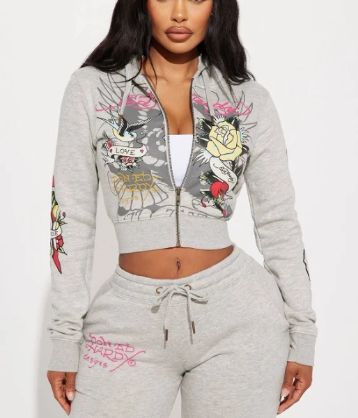 Fashion Nova Women's Ed Hardy Rose and Sword Zip Front Hoodie