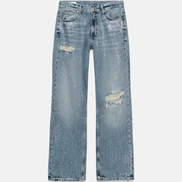 Zara Women's Trf Ripped Wide Leg Rhinestone Jeans