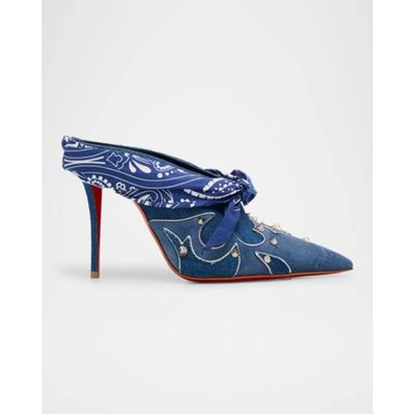 100mm Mulatiag Denim and Suede Bandana Mule Pumps
