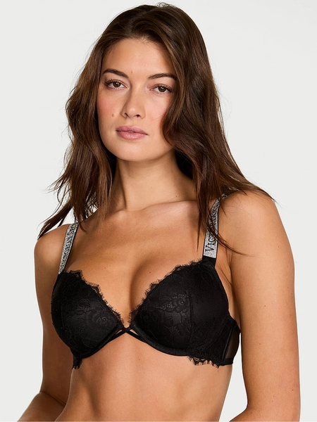 Black Push Up Shine Strap Lace Bra - Size 32 c