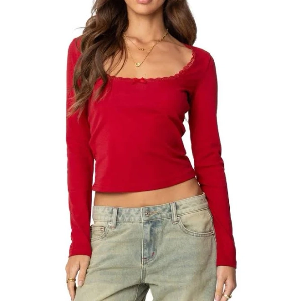 Edikted Women's Mora Lace Trim Ribbed T-Shirt