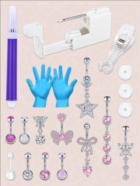 CIZME Belly Button Piercing Kit Gun Belly Button Piercing Gun, 3pcs Belly Ring, Gloves Marker Pen & Clip Assisted, Disposable Discs, Navel Piercing Kit Various Style Dangle Belly Button Ring Piercing Kit